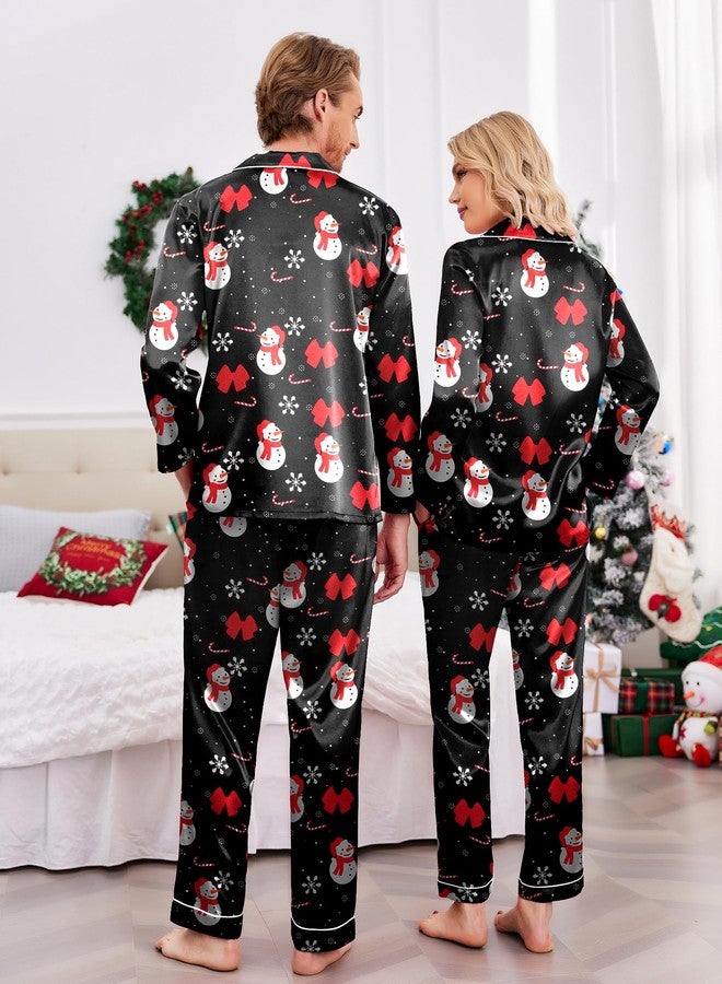 Ekouaer Couples Matching Pajamas Silk Long Sleeve Sleepwear Satin Soft Button Down Loungewear Pjs Set,Christmas Black,XXL - Image 2
